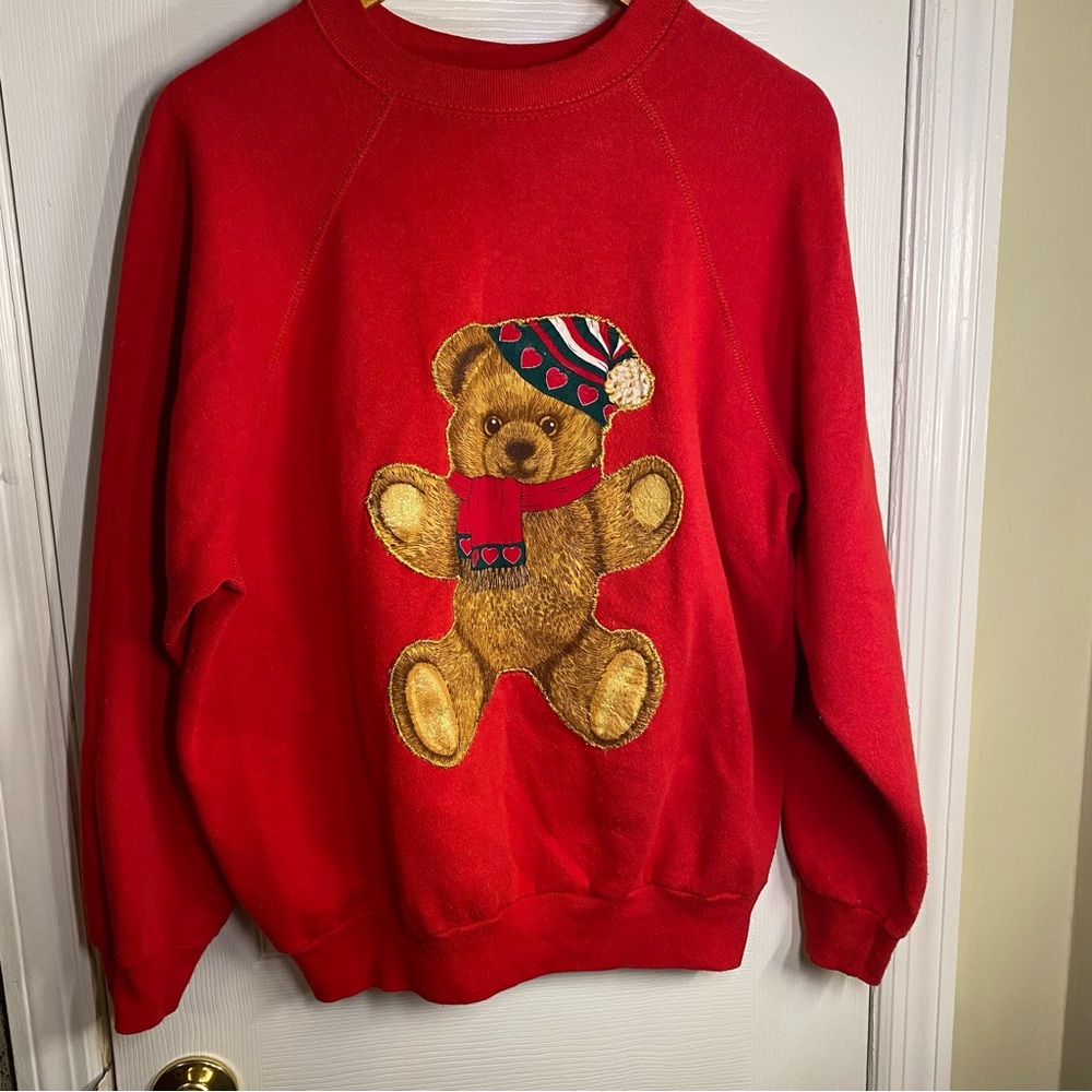 Vintage Teddy Bear Christmas Sweatshirt Embroidered Holiday Red XL Cozy 90s